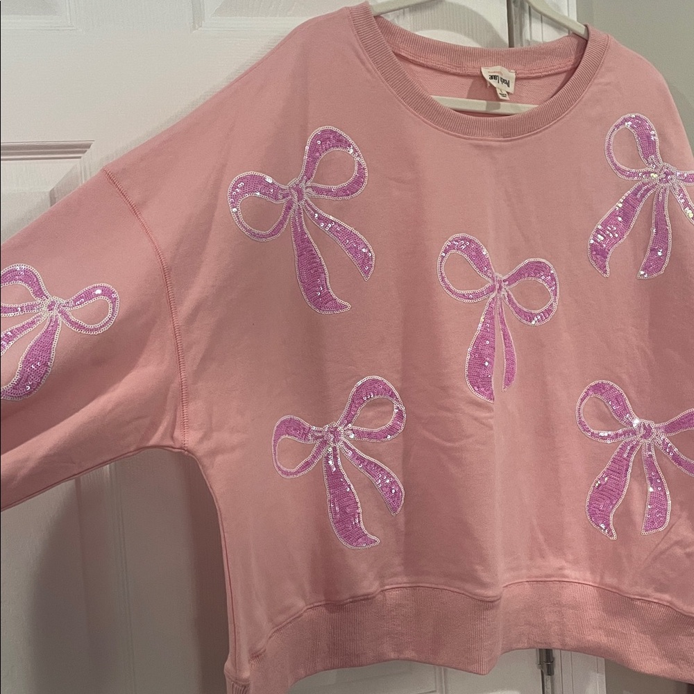 Peach Love California Pink Knit Top Sequin Bows- Size Large - Picture 2 of 7